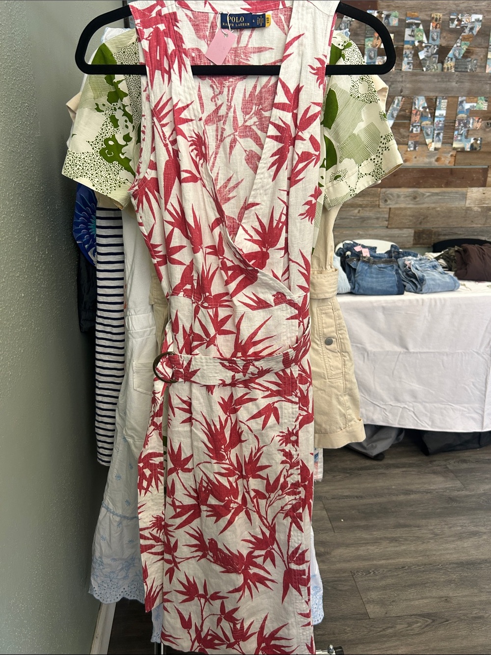 Polo by Ralph Lauren Cream Linen Jumpsuit with Red Leaf Print